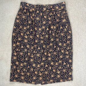 Vintage Jason Prescott 100% Silk Abstract Pencil Skirt Navy Cognac Size 12 NWT